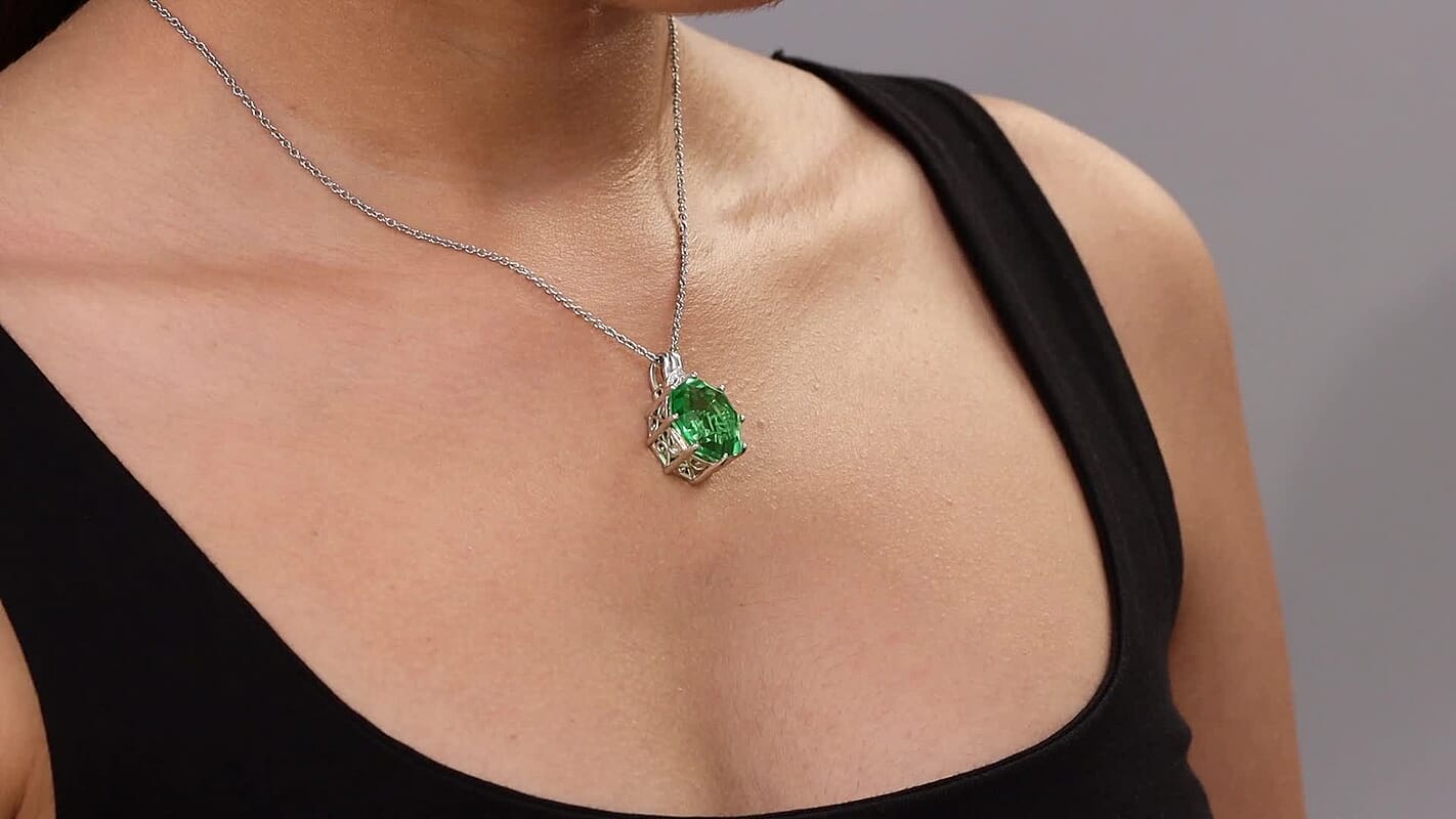 EverTrue Chartreuse Quartz (Triplet) and White Zircon 17.10 ctw Garden of Glamour Pendant in Platinum Bond with Stainless Steel Necklace 20 Inches