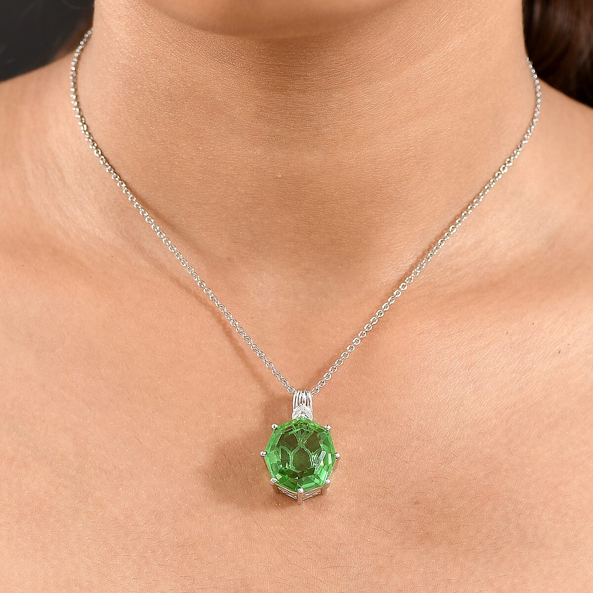 EverTrue Chartreuse Quartz (Triplet) and White Zircon 17.10 ctw Pendant in Platinum Bond with Stainless Steel Necklace 20 Inches image number 2