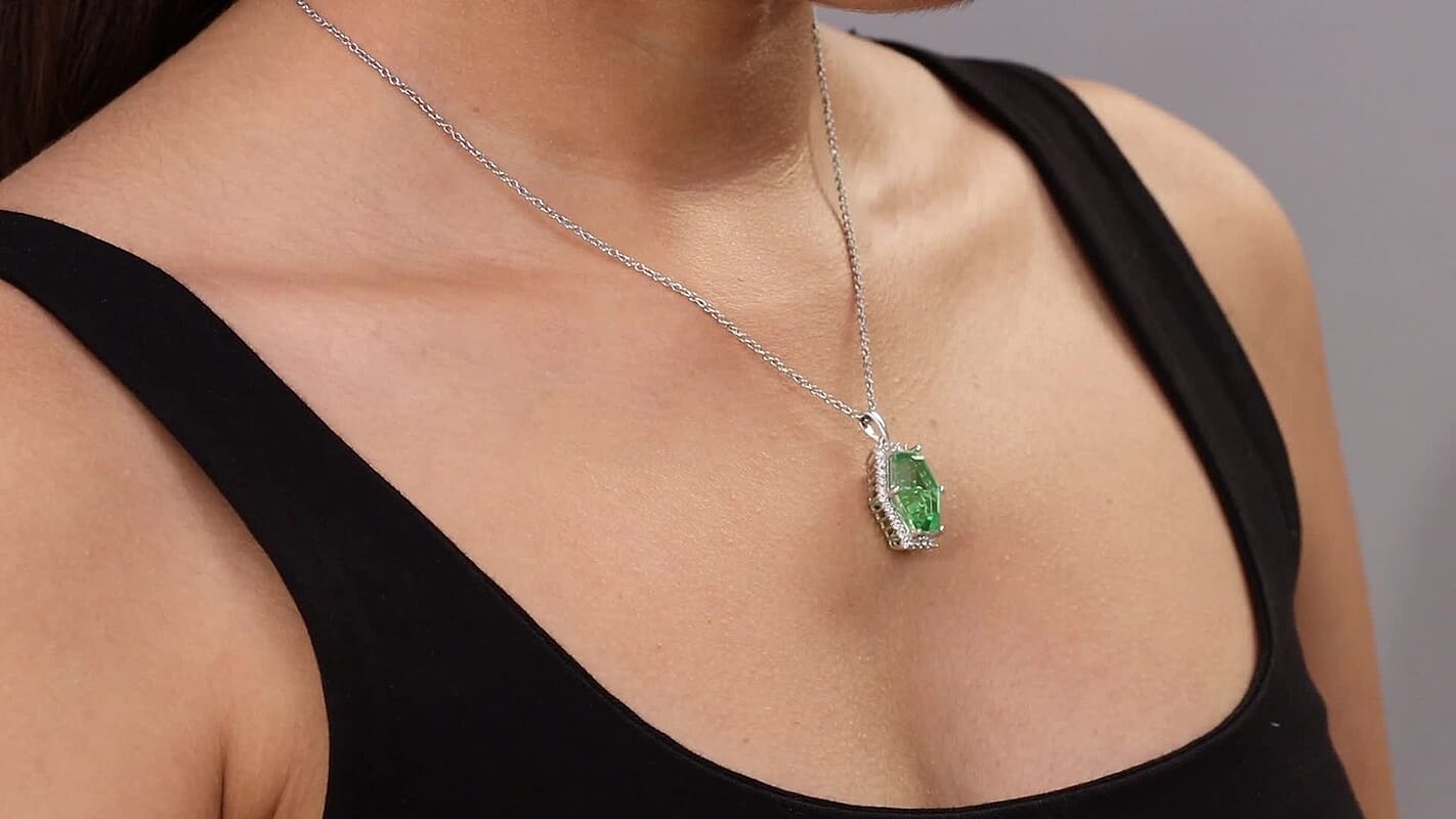 EverTrue Chartreuse Quartz (Triplet) and White Zircon 16.15 ctw Hidden Floral Pendant in Platinum Bond with Stainless Steel Necklace 20 Inches