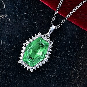 EverTrue Chartreuse Quartz (Triplet) and White Zircon 16.15 ctw Hidden Floral Pendant in Platinum Bond with Stainless Steel Necklace 20 Inches