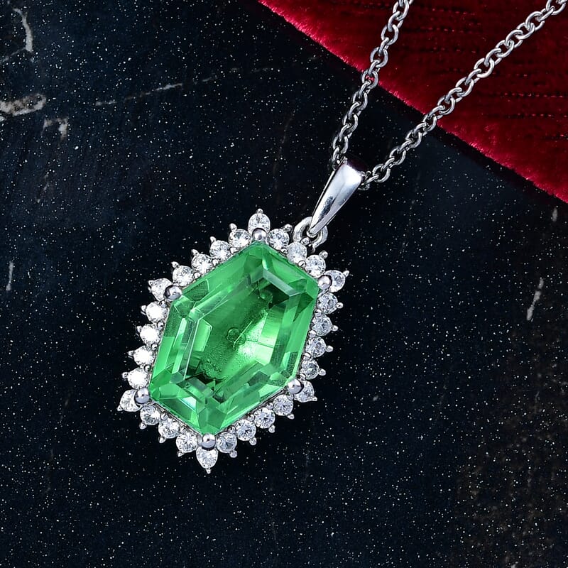 EverTrue Chartreuse Quartz (Triplet) and White Zircon 16.15 ctw Hidden Floral Pendant in Platinum Bond with Stainless Steel Necklace 20 Inches