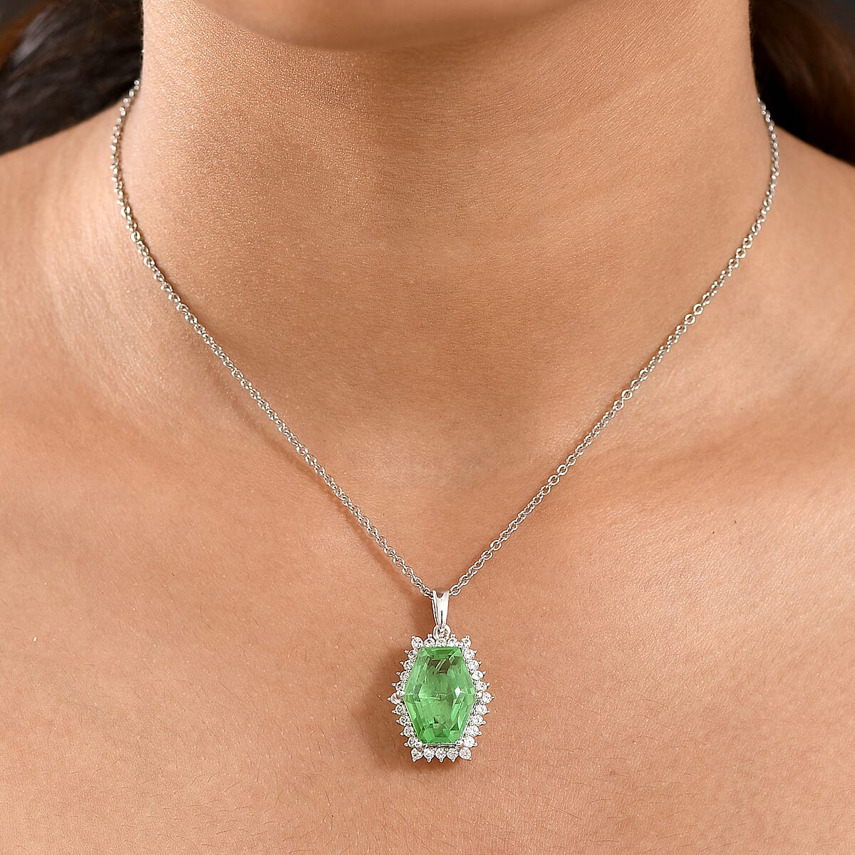 EverTrue Chartreuse Quartz (Triplet) and White Zircon 16.15 ctw Pendant in Platinum Bond with Stainless Steel Necklace 20 Inches image number 2