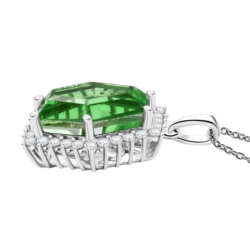 EverTrue Chartreuse Quartz (Triplet) and White Zircon 16.15 ctw Hidden Floral Pendant in Platinum Bond with Stainless Steel Necklace 20 Inches