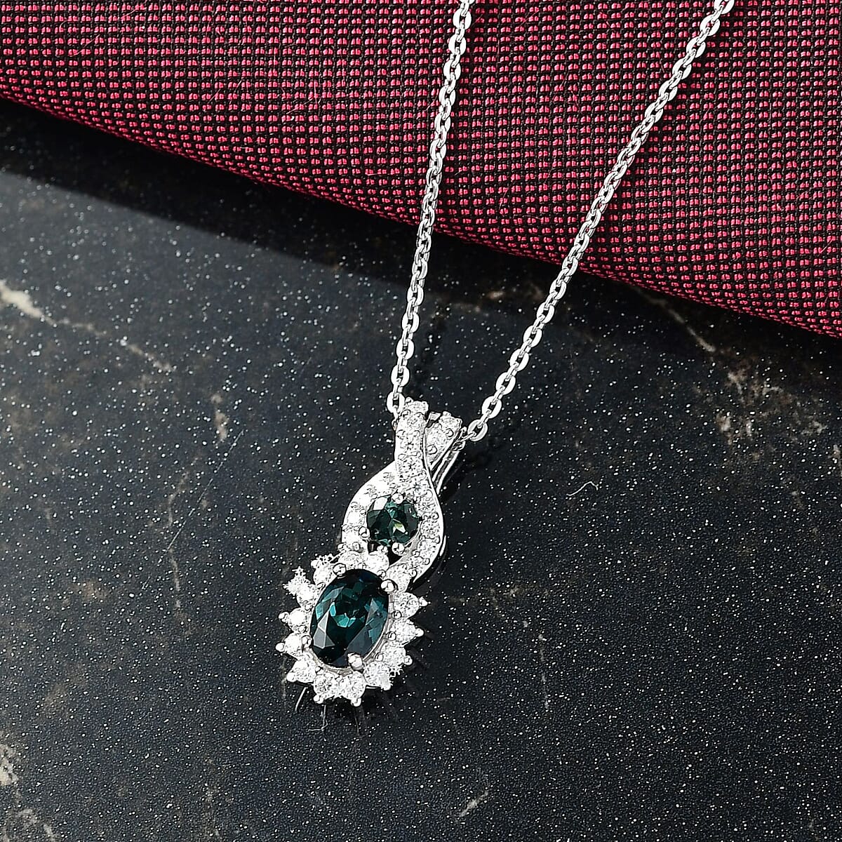 D'Joy Premium Monte Belo Indicolite and Moissanite 0.85 ctw Pendant Necklace in Rhodium Over Sterling Silver 20 Inches image number 1