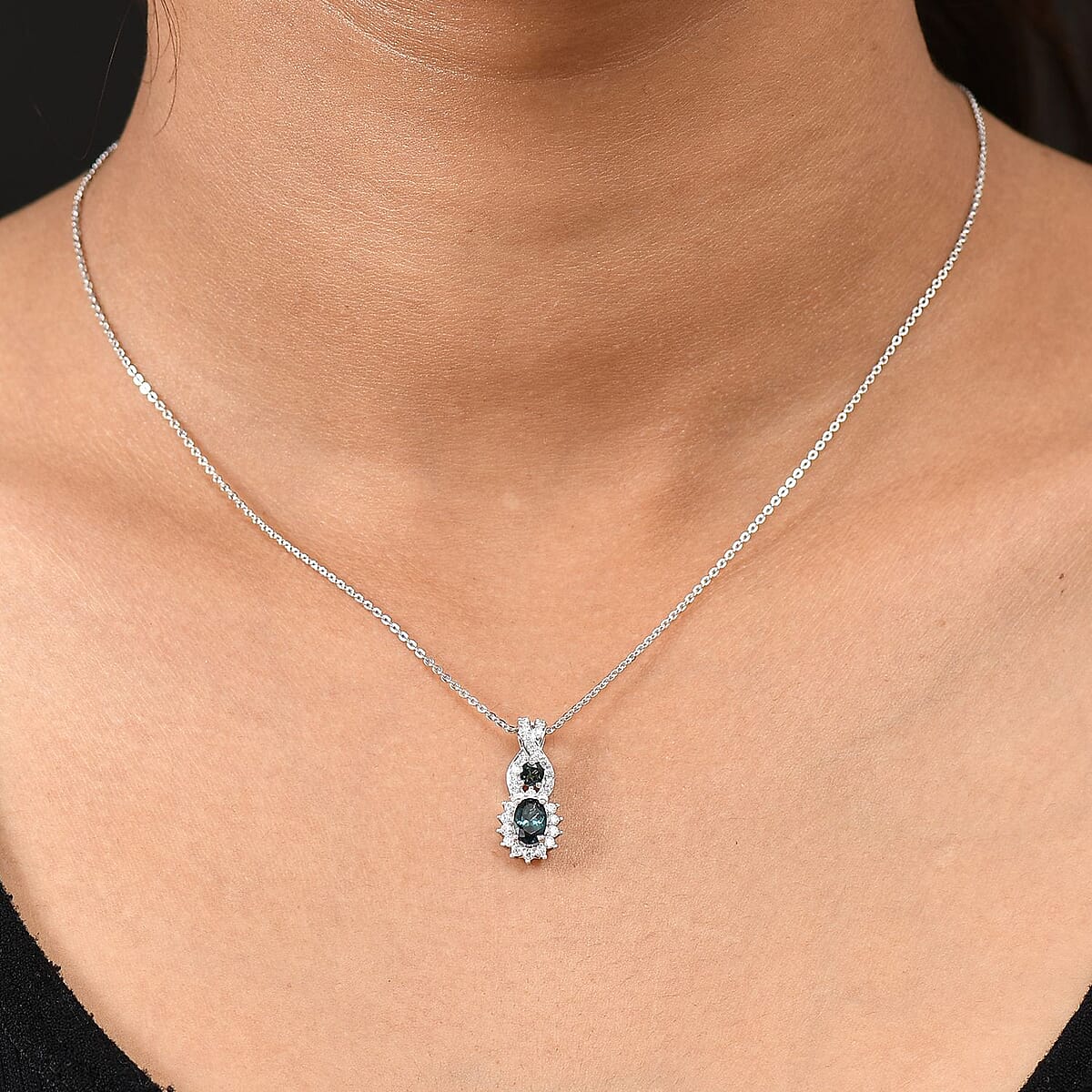 D'Joy Premium Monte Belo Indicolite and Moissanite 0.85 ctw Pendant Necklace in Rhodium Over Sterling Silver 20 Inches image number 2