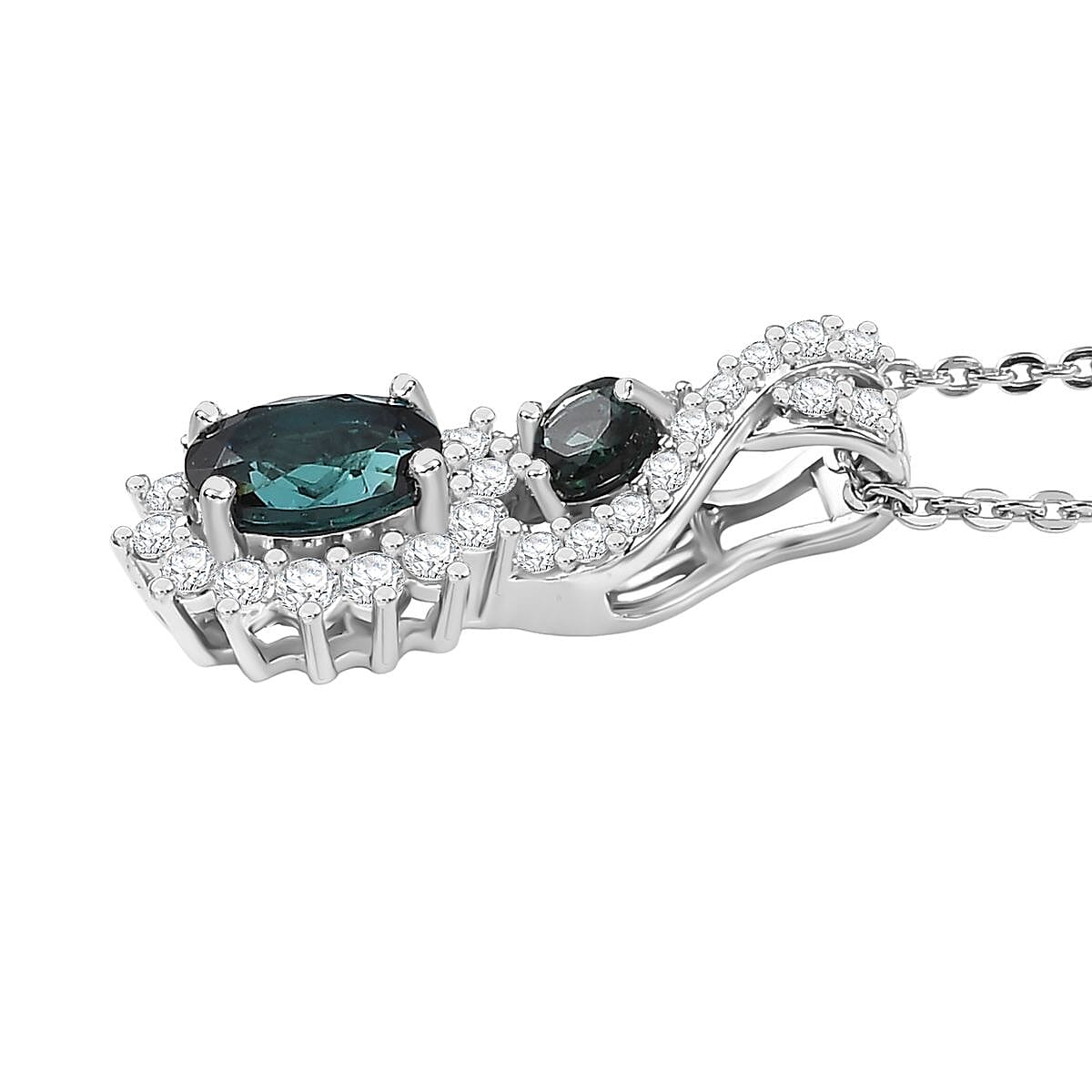 D'Joy Premium Monte Belo Indicolite and Moissanite 0.85 ctw Pendant Necklace in Rhodium Over Sterling Silver 20 Inches image number 3