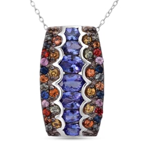 D'Joy Tanzanite, Multi Sapphire Pendant Necklace (20 Inches) in Rhodium Over Sterling Silver 3.20 ctw