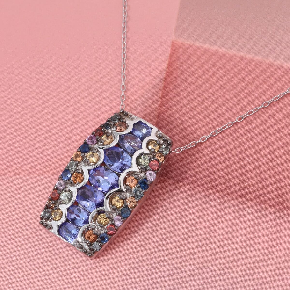 D'Joy Tanzanite and Multi Sapphire 3.20 ctw Pendant Necklace in Rhodium Over Sterling Silver 20 Inches image number 1