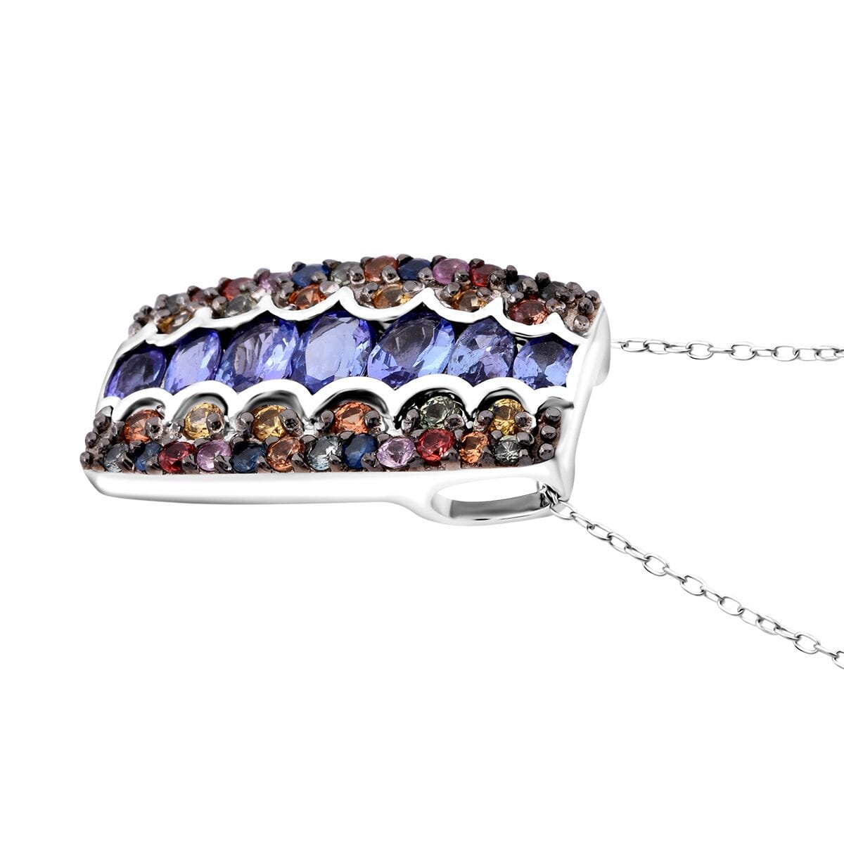 D'Joy Tanzanite and Multi Sapphire 3.20 ctw Pendant Necklace in Rhodium Over Sterling Silver 20 Inches image number 3