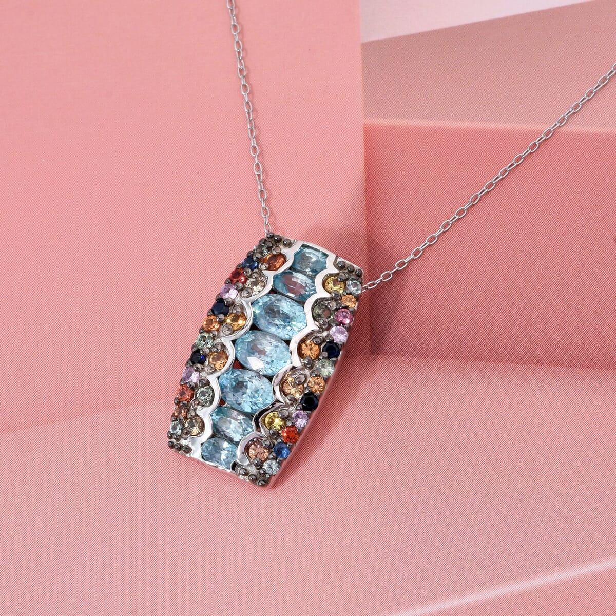 D'Joy Cambodian Blue Zircon and Multi Sapphire 4.80 ctw Pendant Necklace in Rhodium Over Sterling Silver 20 Inches image number 1
