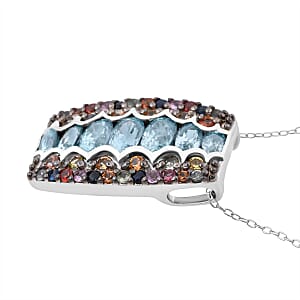 D'Joy Cambodian Blue Zircon and Multi Sapphire 4.80 ctw Art Deco Pendant Necklace in Rhodium Over Sterling Silver 20 Inches