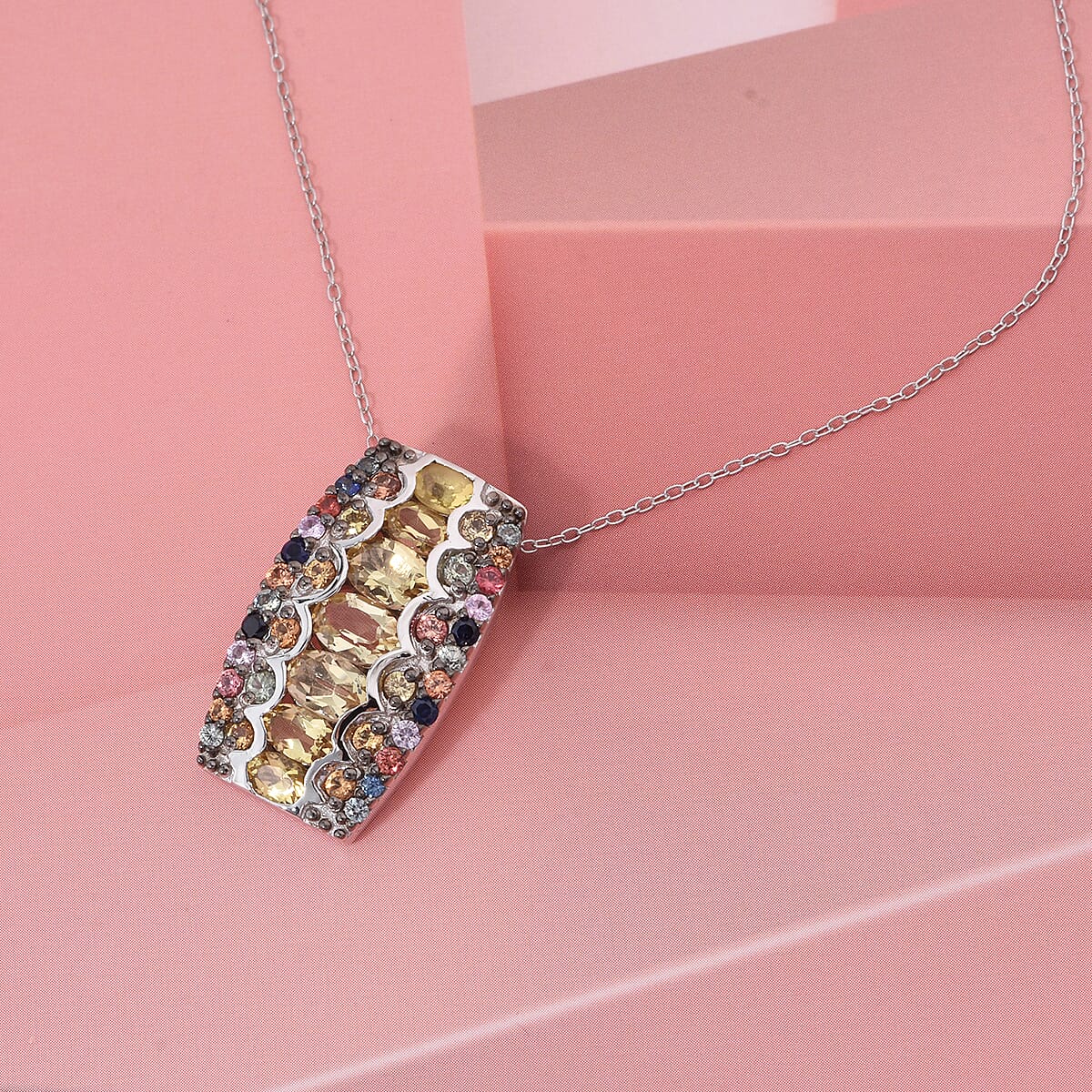 D'Joy Brazilian Heliodor and Multi Sapphire 3.10 ctw Art Deco Pendant Necklace in Rhodium Over Sterling Silver 20 Inches image number 1