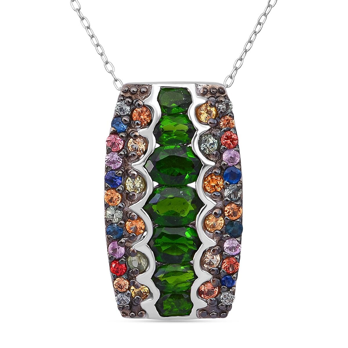D'Joy Chrome Diopside and Multi Sapphire 3.40 ctw Art Deco Pendant Necklace in Rhodium Over Sterling Silver 20 Inches image number 0