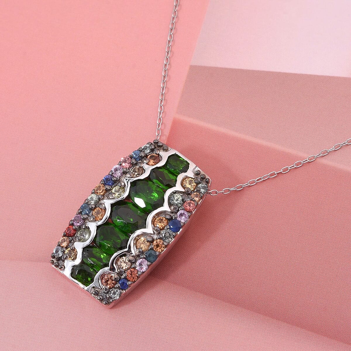 D'Joy Chrome Diopside and Multi Sapphire 3.40 ctw Art Deco Pendant Necklace in Rhodium Over Sterling Silver 20 Inches image number 1
