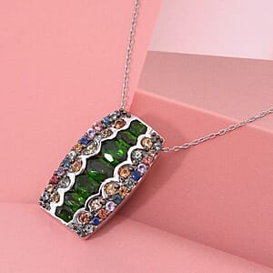 D'Joy Chrome Diopside and Multi Sapphire 3.40 ctw Art Deco Pendant Necklace in Rhodium Over Sterling Silver 20 Inches