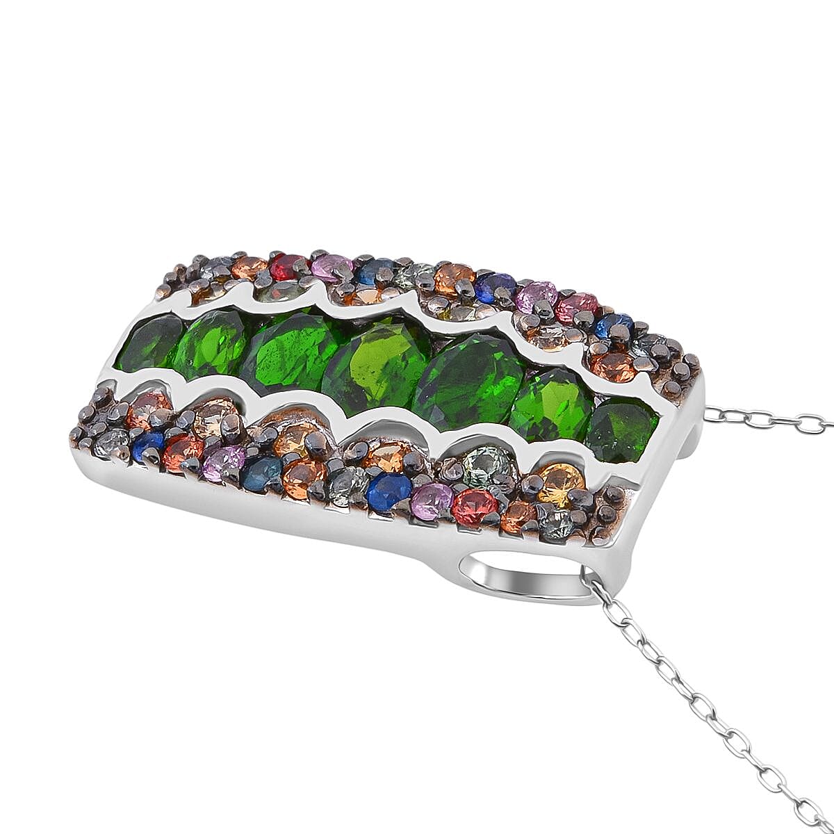 D'Joy Chrome Diopside and Multi Sapphire 3.40 ctw Art Deco Pendant Necklace in Rhodium Over Sterling Silver 20 Inches image number 3