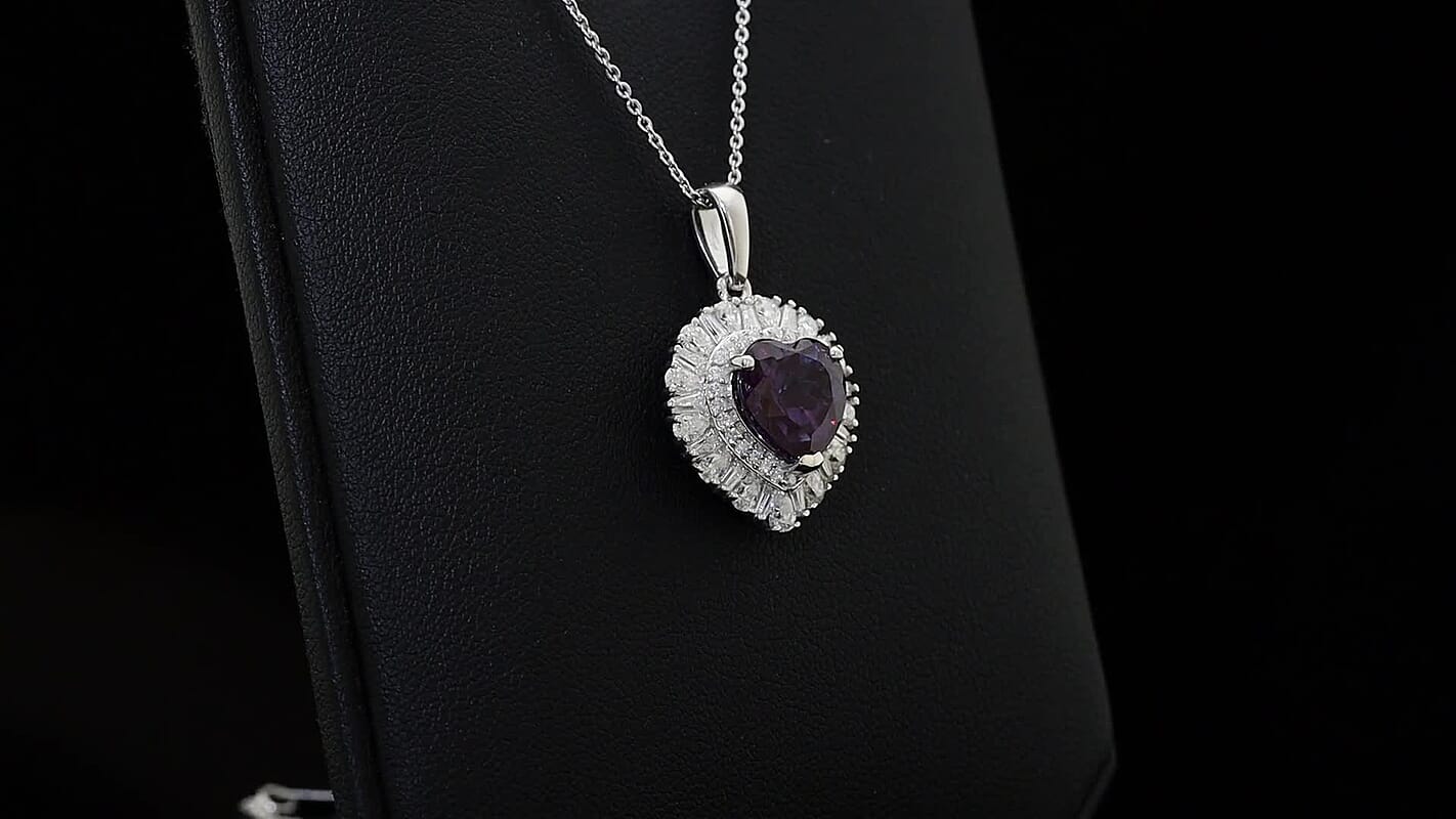 D'Joy Premium Lab Grown Alexandrite and Moissanite 5.85 ctw Twilight Heart Pendant Necklace in Rhodium Over Sterling Silver 20 Inches