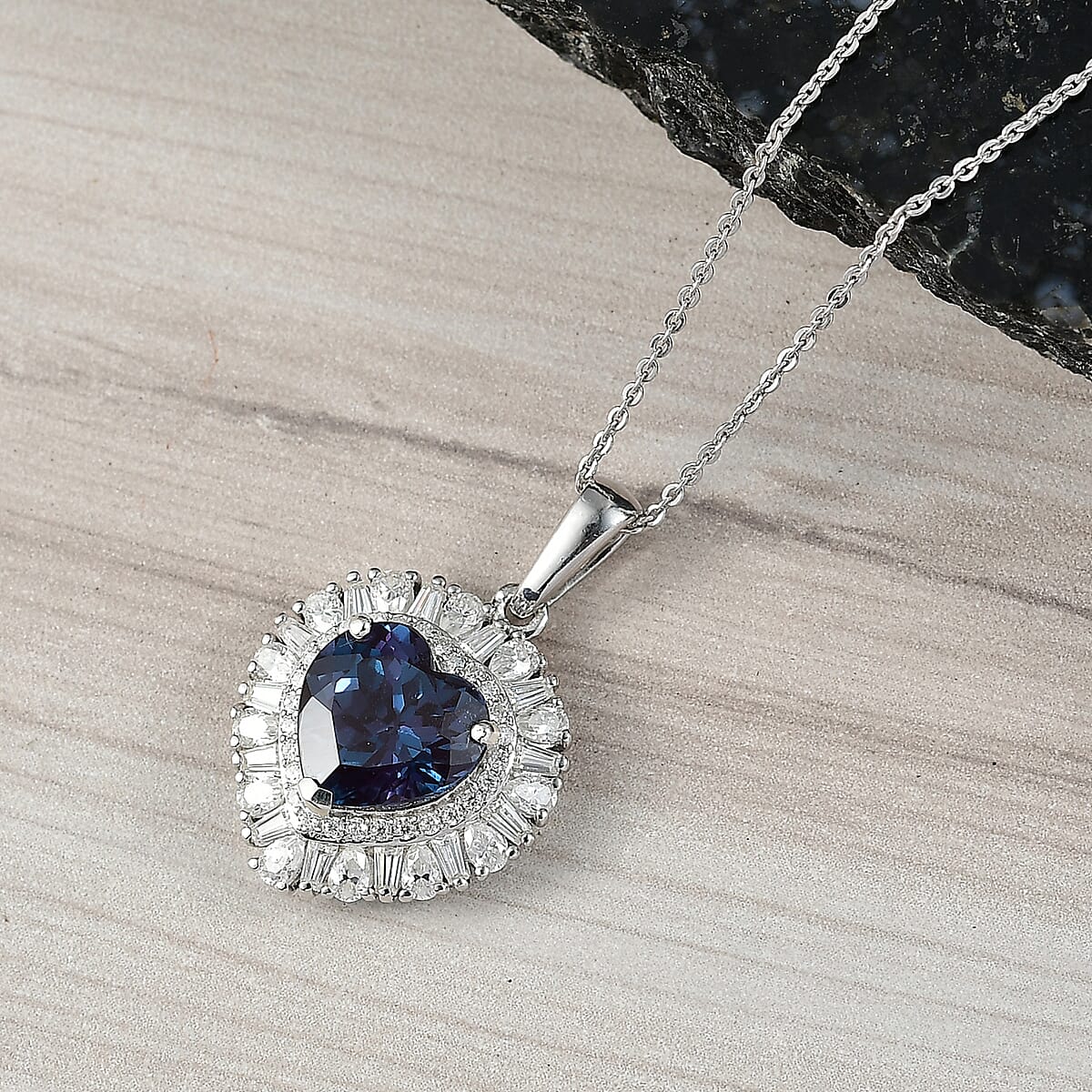 D'Joy Premium Lab Grown Alexandrite and Moissanite 5.85 ctw Twilight Heart Pendant Necklace in Rhodium Over Sterling Silver 20 Inches  image number 1