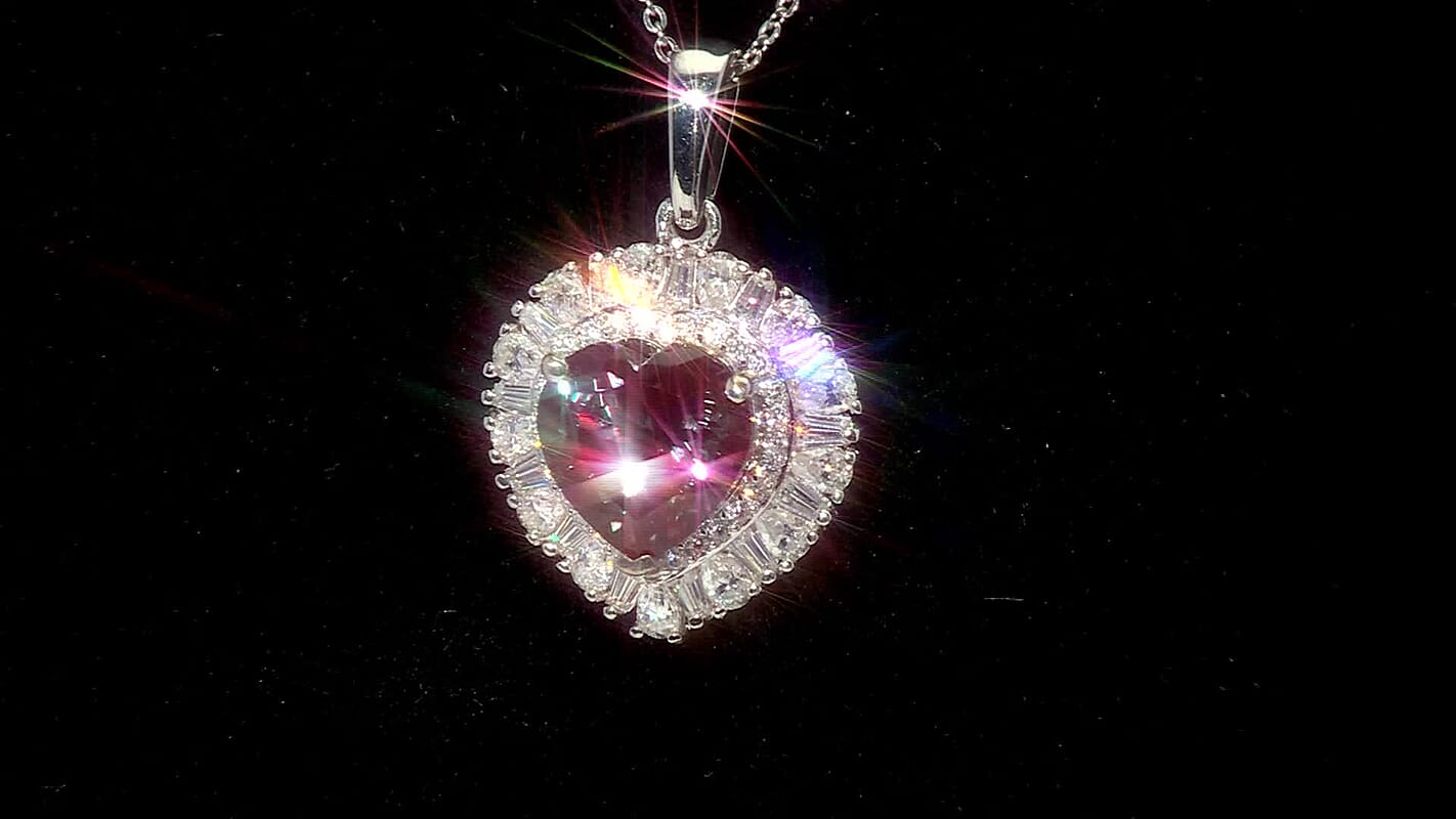 D'Joy Premium Lab Grown Alexandrite and Moissanite 5.85 ctw Twilight Heart Pendant Necklace in Rhodium Over Sterling Silver 20 Inches