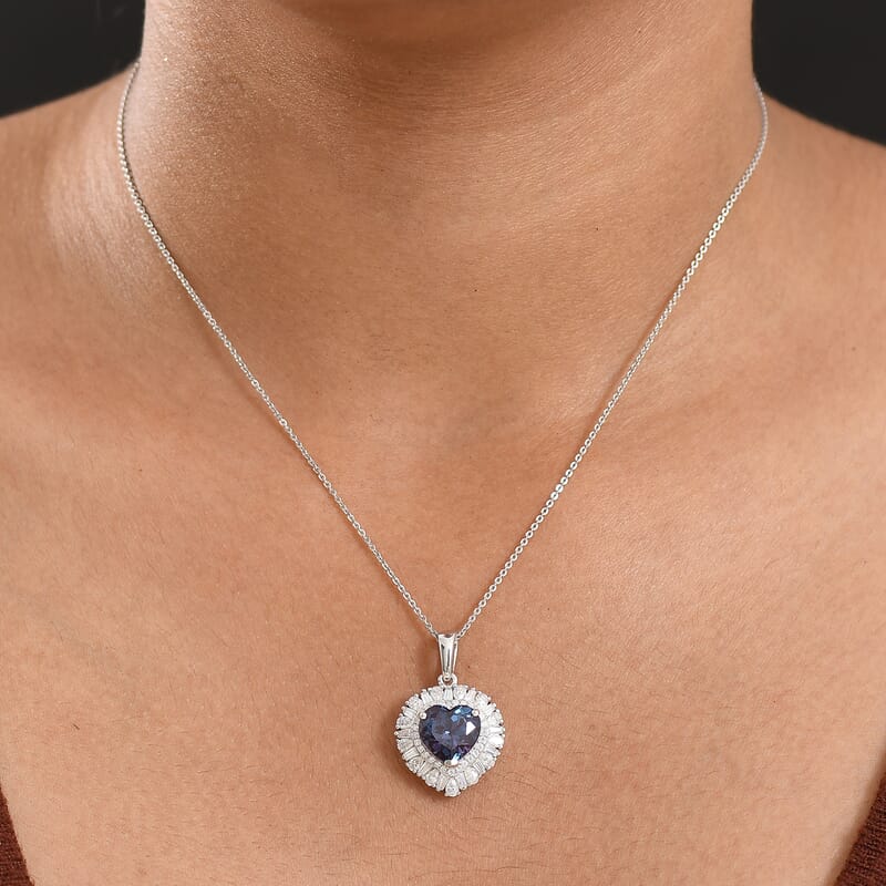 D'Joy Premium Lab Grown Alexandrite and Moissanite 5.85 ctw Twilight Heart Pendant Necklace in Rhodium Over Sterling Silver 20 Inches