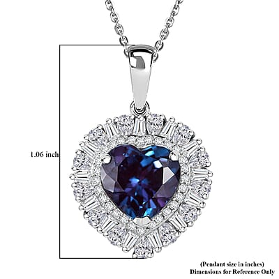 D'Joy Premium Lab Grown Alexandrite and Moissanite 5.85 ctw Twilight Heart Pendant Necklace in Rhodium Over Sterling Silver 20 Inches