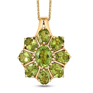 D'Joy Hebei Peridot 7.70 ctw Blooming Flower Pendant Necklace in 18K Vermeil Yellow Gold Over Sterling Silver 20 Inches