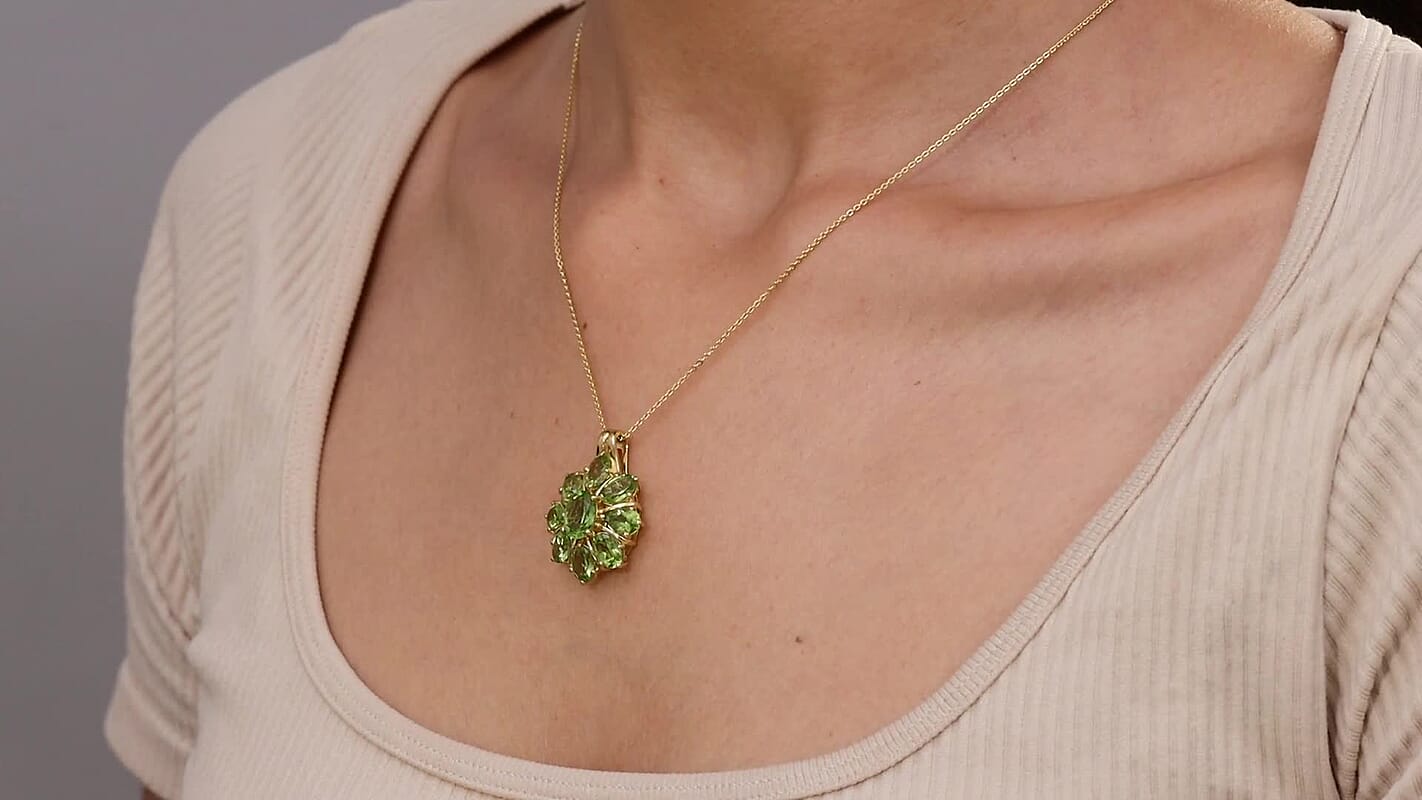D'Joy Hebei Peridot 7.70 ctw Blooming Flower Pendant Necklace in 18K Vermeil Yellow Gold Over Sterling Silver 20 Inches