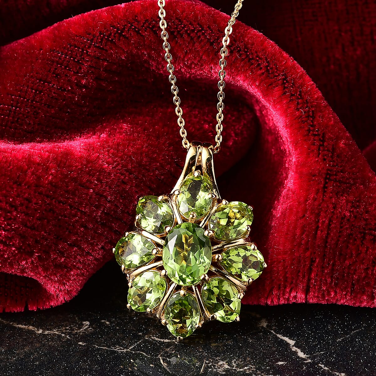 D'Joy Hebei Peridot 7.70 ctw Blooming Flower Pendant Necklace in 18K Vermeil Yellow Gold Over Sterling Silver 20 Inches image number 1