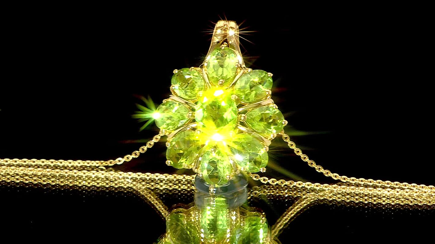 D'Joy Hebei Peridot 7.70 ctw Blooming Flower Pendant Necklace in 18K Vermeil Yellow Gold Over Sterling Silver 20 Inches