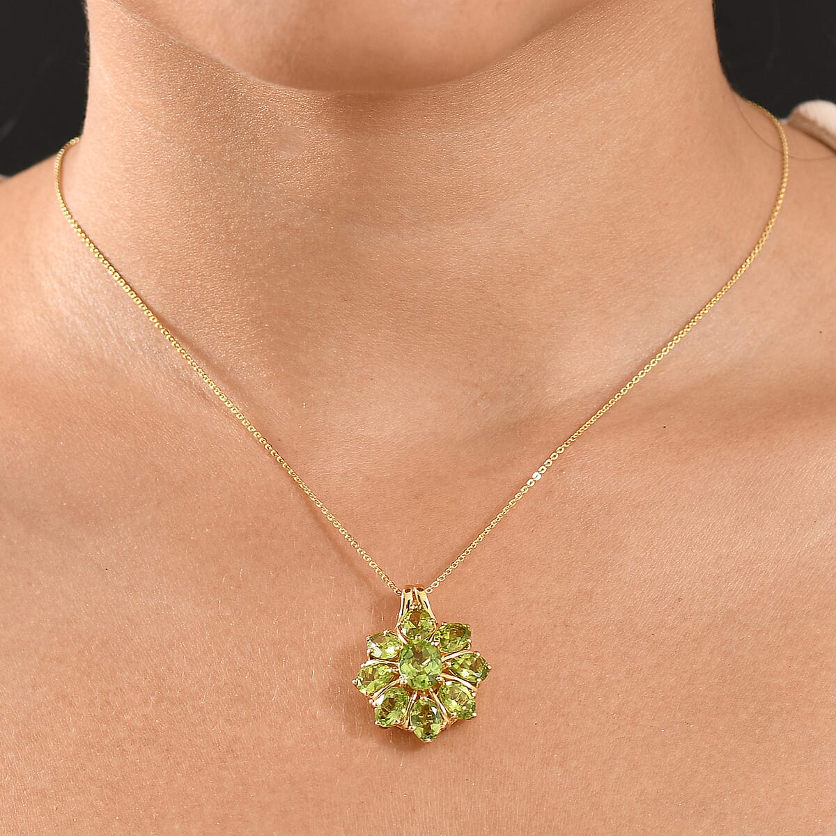 D'Joy Hebei Peridot 7.70 ctw Blooming Flower Pendant Necklace in 18K Vermeil Yellow Gold Over Sterling Silver 20 Inches image number 2