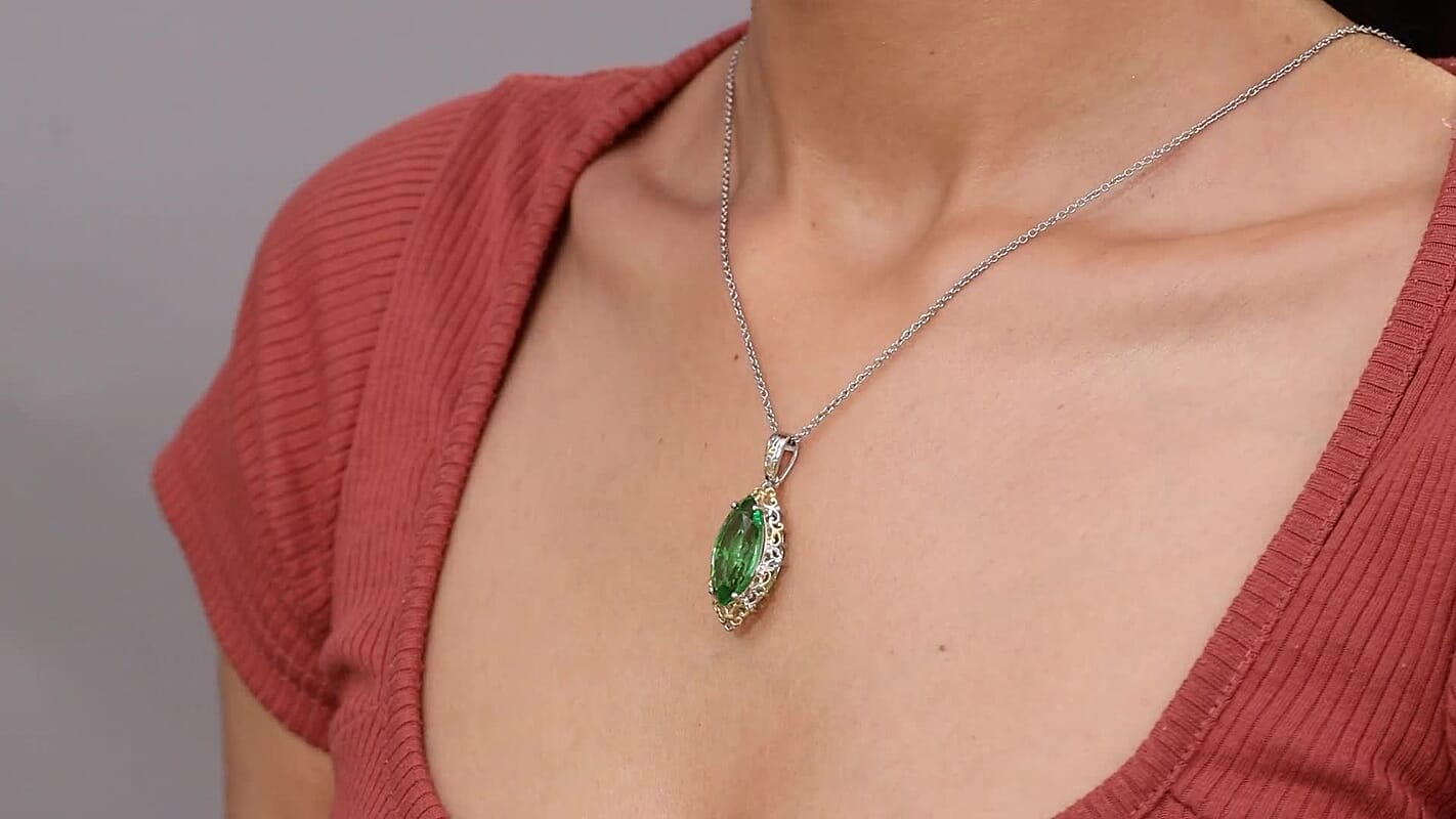 EverTrue Chartreuse Quartz (Triplet) 10.50 ctw Art Deco Pendant in 18K YG Plated and Platinum Bond with Stainless Steel Necklace 20 Inches