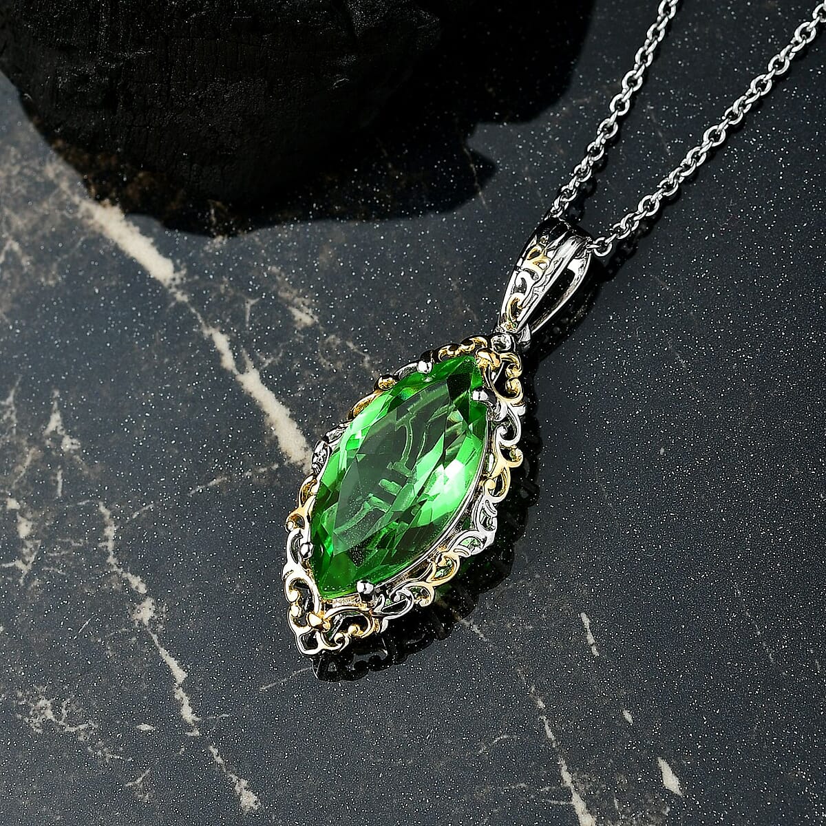 EverTrue Chartreuse Quartz (Triplet) 10.50 ctw Pendant in 18K YG Plated and Platinum Bond with Stainless Steel Necklace 20 Inches image number 1