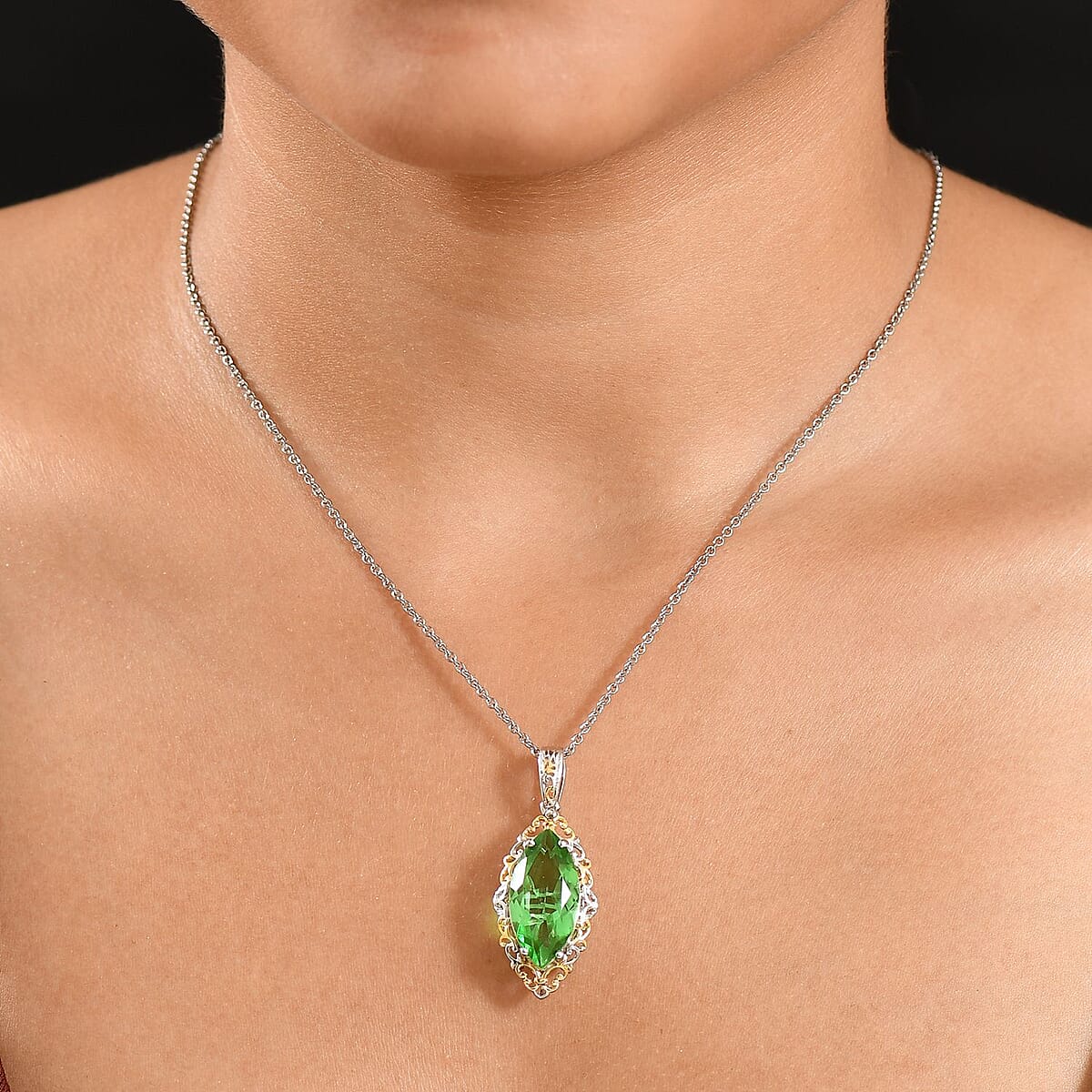 EverTrue Chartreuse Quartz (Triplet) 10.50 ctw Pendant in 18K YG Plated and Platinum Bond with Stainless Steel Necklace 20 Inches image number 2