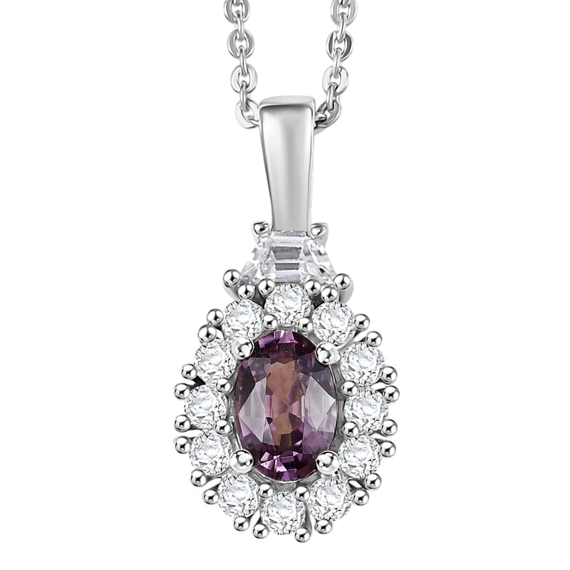 D'Joy Royal Lavender Spinel and White Zircon 1.10 ctw Classic Halo Pendant Necklace in Rhodium Over Sterling Silver 20 Inches