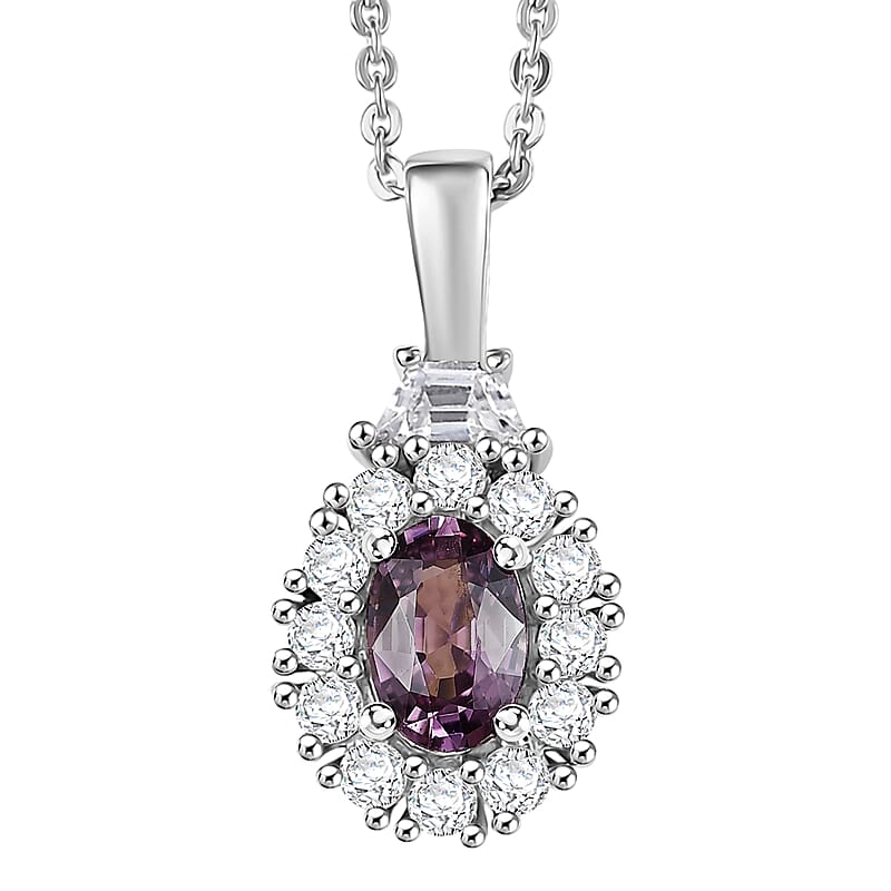 D'Joy Royal Lavender Spinel and White Zircon 1.10 ctw Classic Halo Pendant Necklace in Rhodium Over Sterling Silver 20 Inches