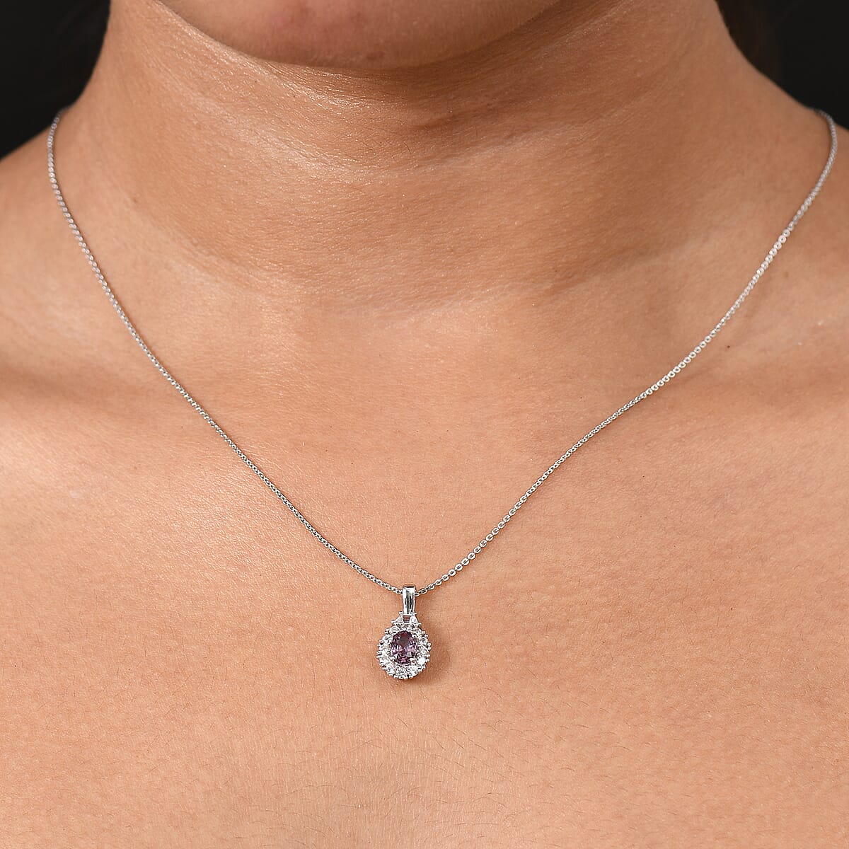D'Joy Royal Lavender Spinel and White Zircon 1.10 ctw Classic Halo Pendant Necklace in Rhodium Over Sterling Silver 20 Inches image number 2
