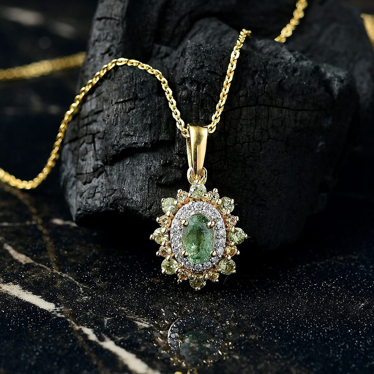 D'Joy Ambanja Demantoid Garnet and Multi Gemstone 1.20 ctw Sunleaf Bloom Pendant Necklace in 18K Vermeil Yellow Gold Over Sterling Silver 20 Inches image number 1