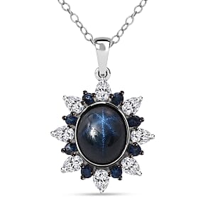 D'Joy Premium Blue Star Sapphire (DF) and Multi Gemstone 7.90 ctw Stellar Bloom Pendant Necklace in Rhodium Over Sterling Silver 20 Inches