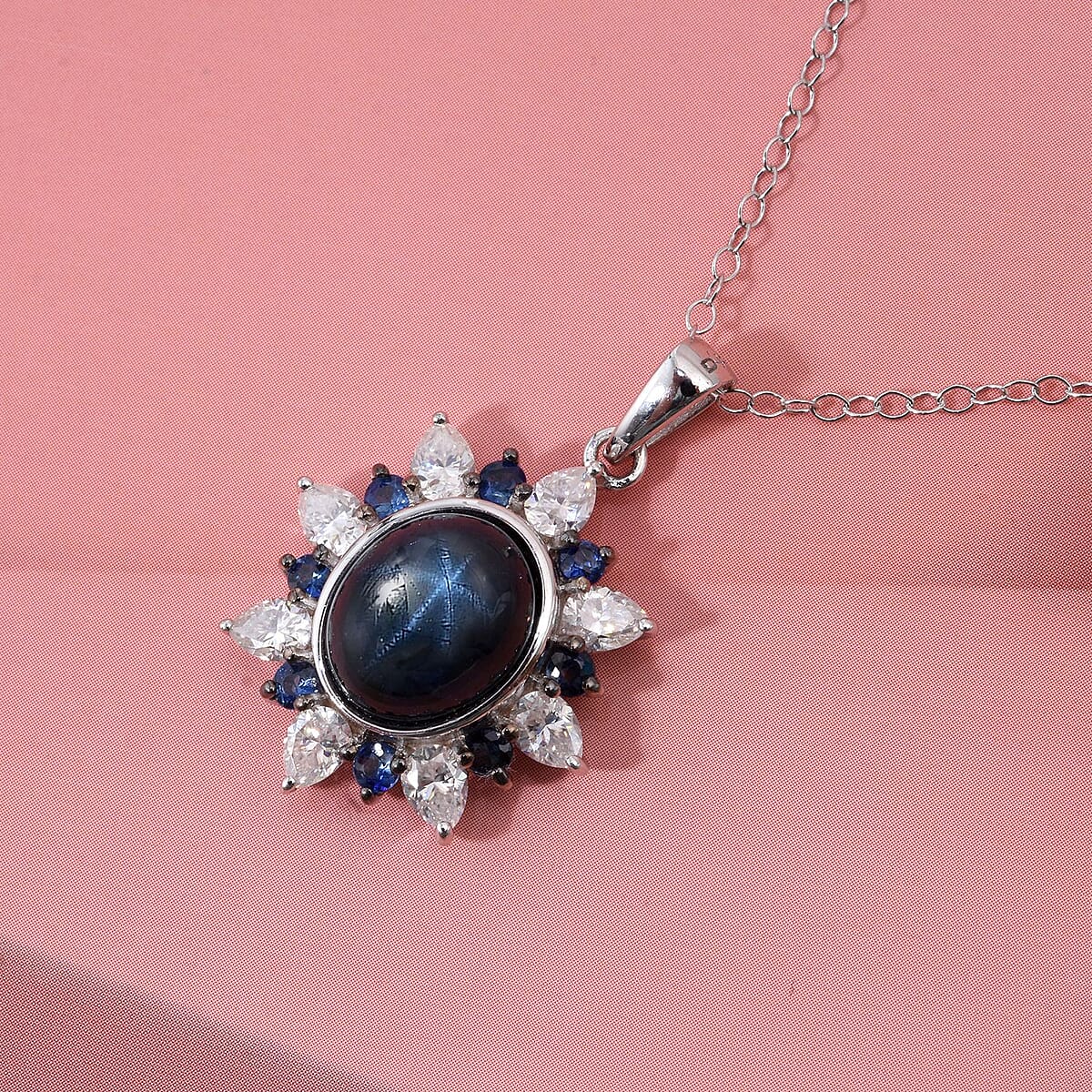D'Joy Premium Blue Star Sapphire (DF) and Multi Gemstone 7.90 ctw Stellar Bloom Pendant Necklace in Rhodium Over Sterling Silver 20 Inches image number 1