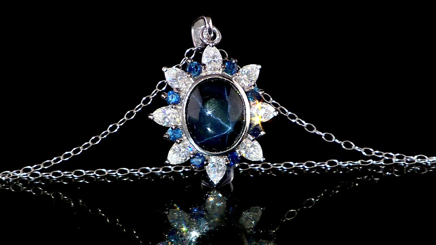 D'Joy Premium Blue Star Sapphire (DF) and Multi Gemstone 7.90 ctw Stellar Bloom Pendant Necklace in Rhodium Over Sterling Silver 20 Inches