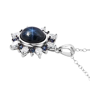 D'Joy Premium Blue Star Sapphire (DF) and Multi Gemstone 7.90 ctw Stellar Bloom Pendant Necklace in Rhodium Over Sterling Silver 20 Inches