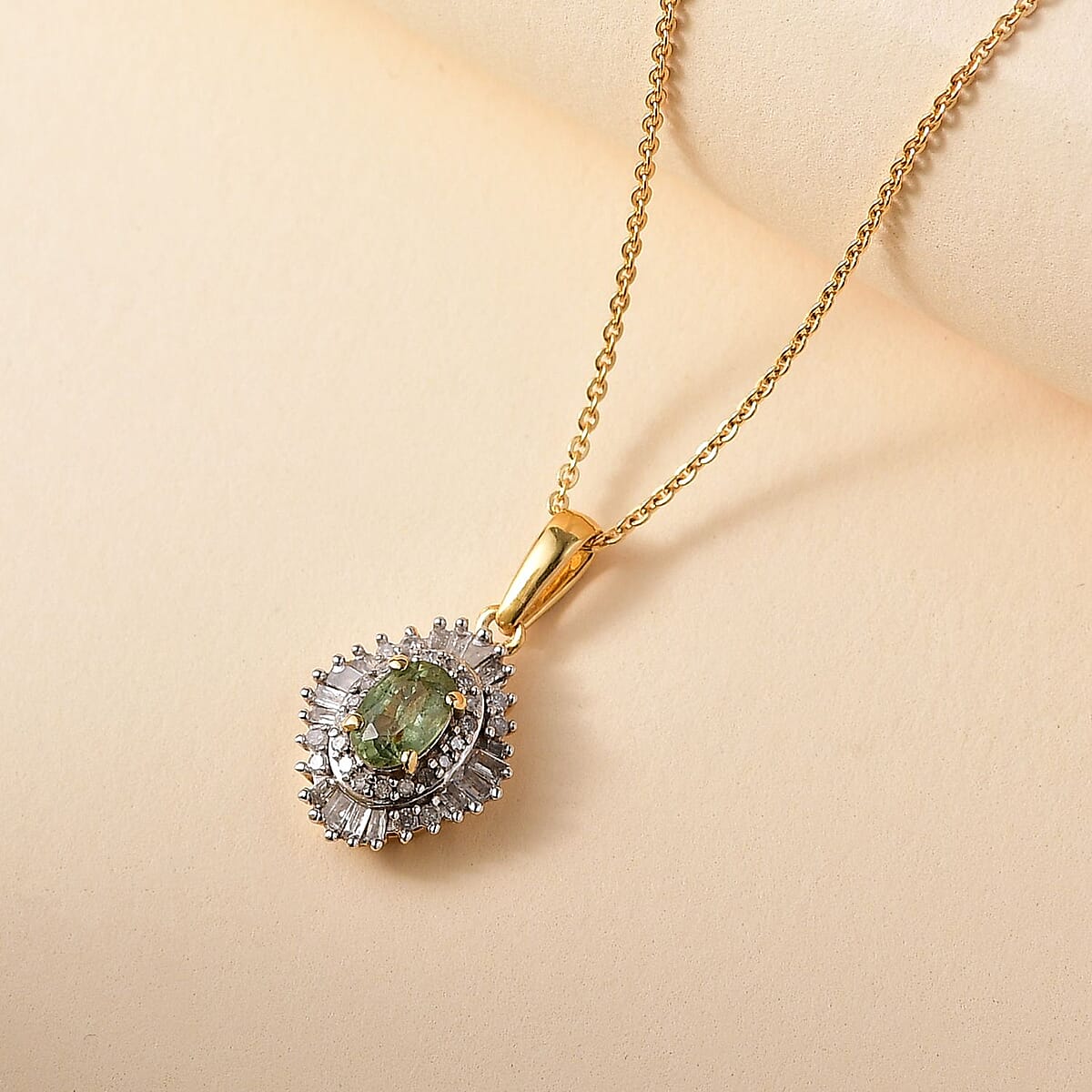 D'Joy Ambanja Demantoid Garnet and Diamond 1.00 ctw Sunburst Pendant Necklace in 18K Vermeil Yellow Gold Over Sterling Silver 20 Inches image number 1