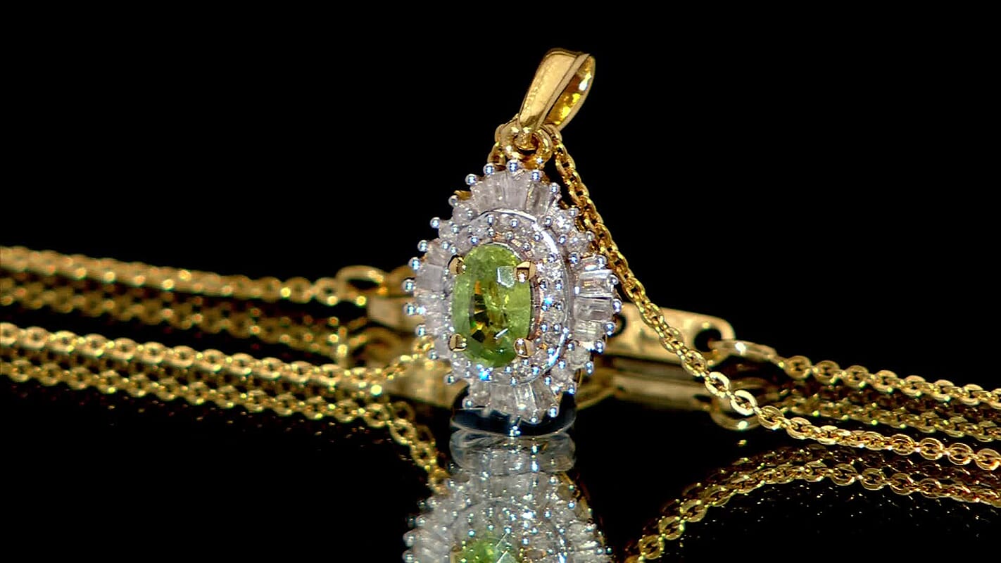 D'Joy Ambanja Demantoid Garnet and Diamond 1.00 ctw Sunburst Pendant Necklace in 18K Vermeil Yellow Gold Over Sterling Silver 20 Inches
