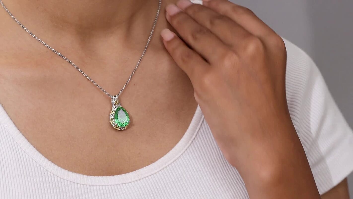 EverTrue Chartreuse Quartz (Triplet) 8.90 ctw Art Deco Pendant in 18K YG Plated and Platinum Bond with Stainless Steel Necklace 20 Inches