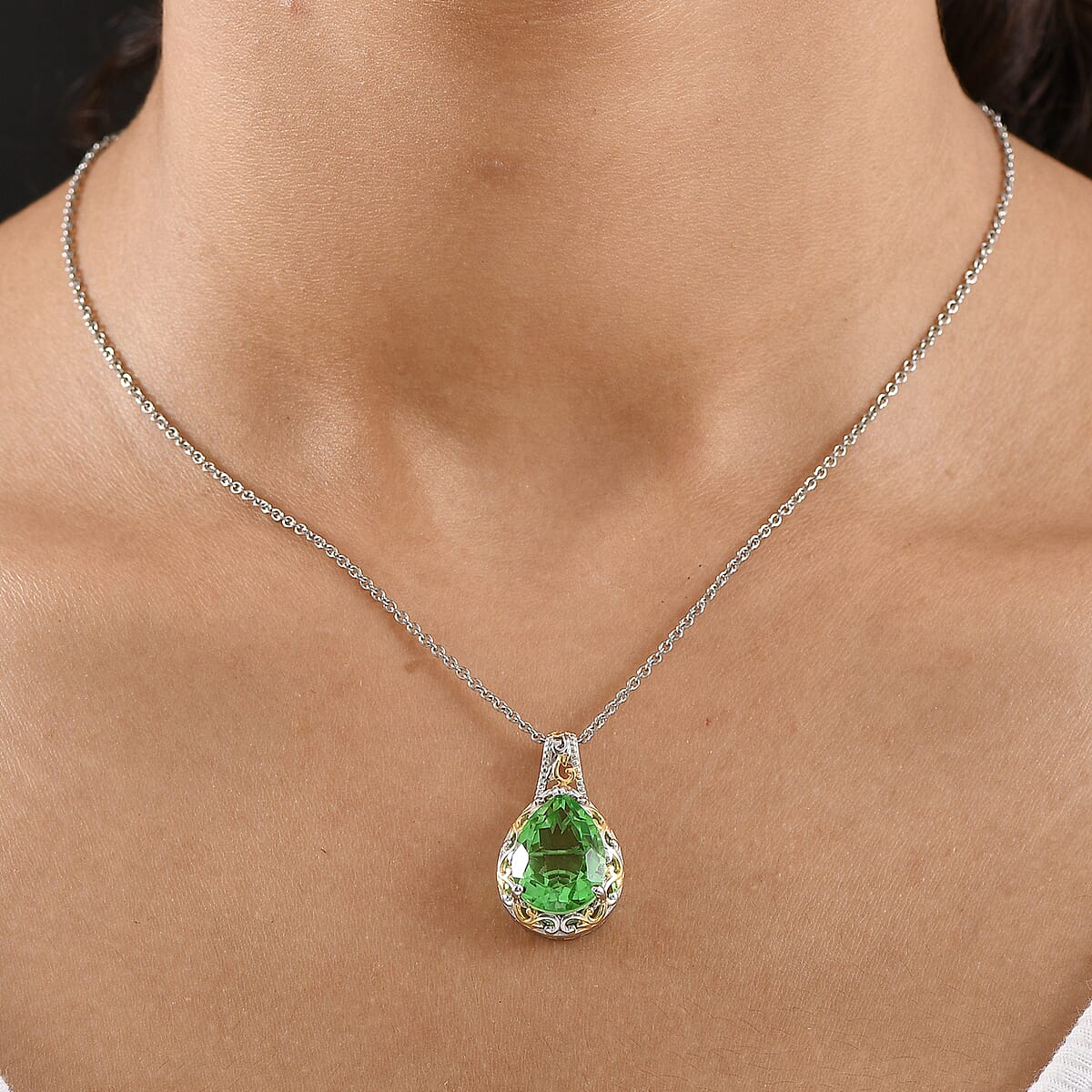EverTrue Chartreuse Quartz (Triplet) 8.90 ctw Pendant in 18K YG Plated and Platinum Bond with Stainless Steel Necklace 20 Inches image number 2