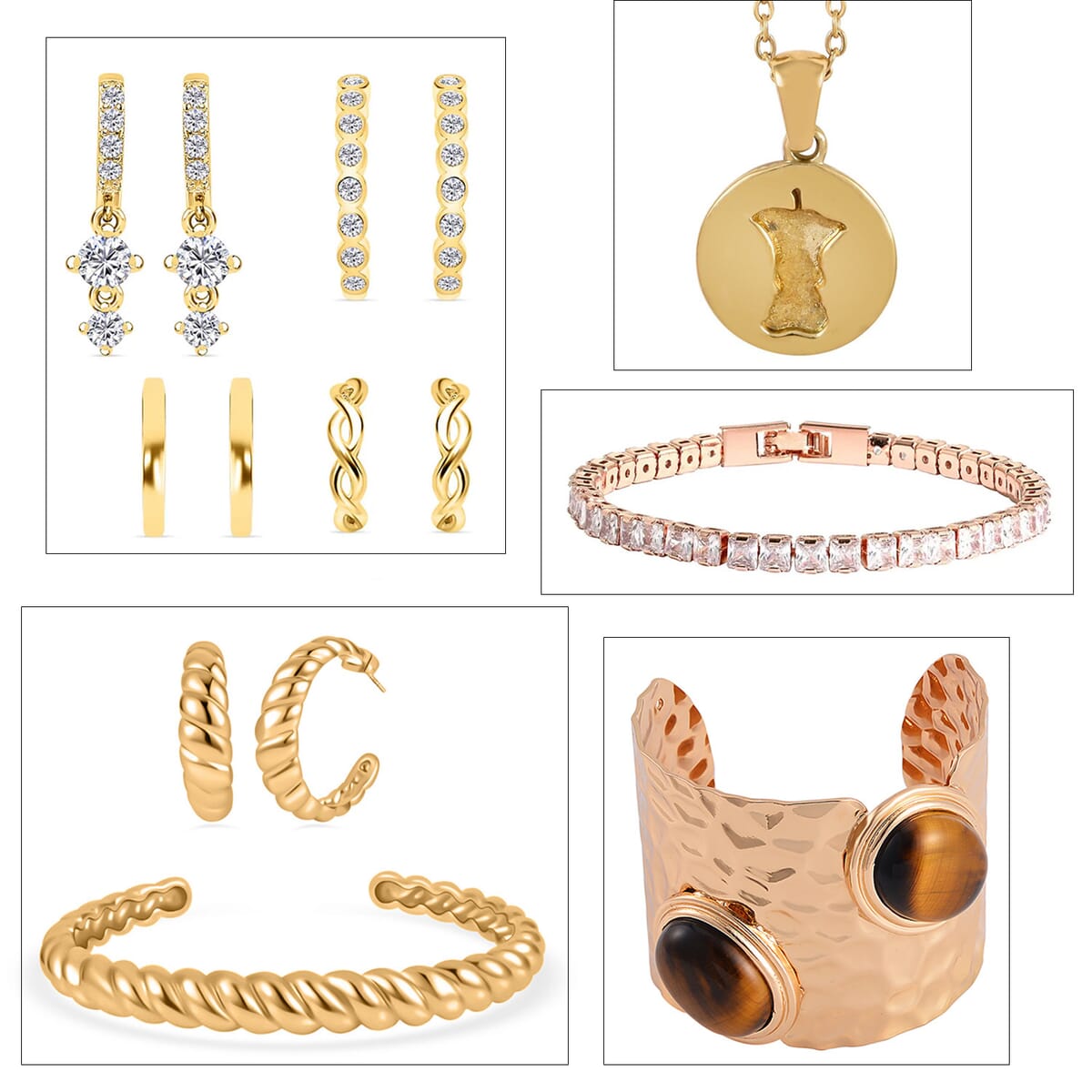 9pcs Set - Freshened Yellow Tigers Eye and Simulated Diamond Cuff, Bracelets, Earrings and Pendant Necklace (18 Inches) in Dualtone, Stainless Steel and Sterling Silver 31.70 ctw image number 0