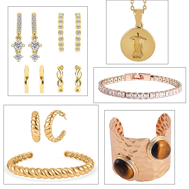 9pcs Set - Freshened Yellow Tigers Eye and Simulated Diamond Cuff, Bracelets, Earrings and Pendant Necklace (18 Inches) in Dualtone, Stainless Steel and Sterling Silver 31.70 ctw