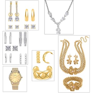 16pcs Set - Simulated Diamond, White Crystal Bangle Bracelet, Earrings and Necklace and Strada Watch in Goldtone, Stainless Steel and Sterling Silver 3.65 ctw