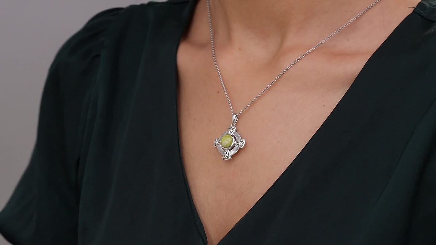 D'Joy Connemara Marble 2.30 ctw Irish Line of Faith Celtic Cross Pendant in Platinum Over Sterling Silver with Stainless Steel Necklace 20 Inches