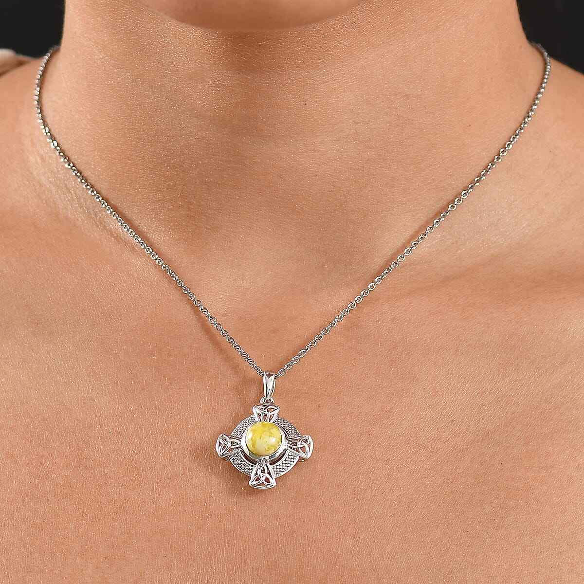 D'Joy Connemara Marble 2.30 ctw Irish Line of Faith Celtic Cross Pendant in Platinum Over Sterling Silver with Stainless Steel Necklace 20 Inches image number 2